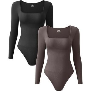 NWT OQQ Set of 2 Bodysuits Ribbed Square Neck Long Sleeve in Black and Tea Leaf.